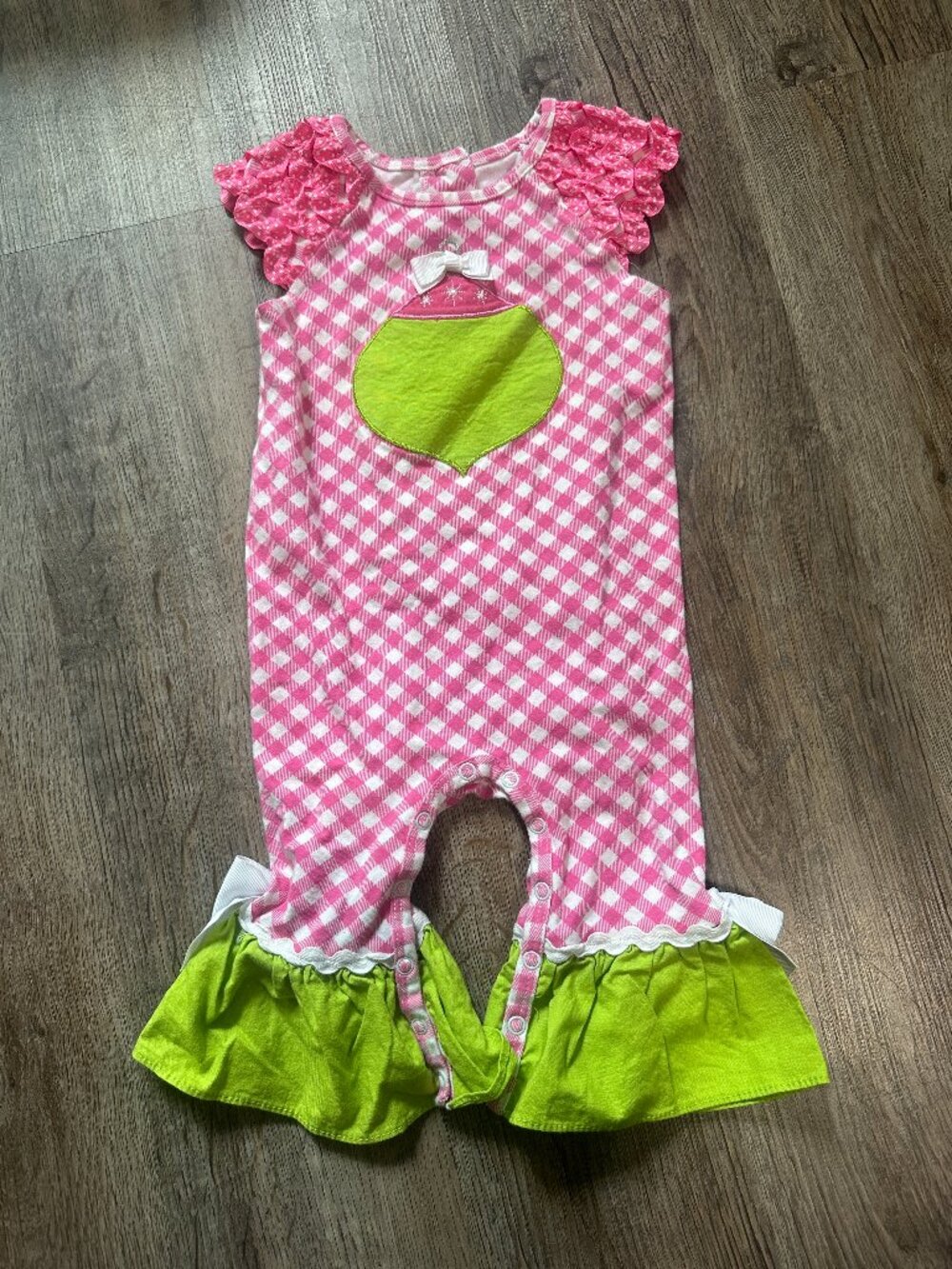 Ricrac & Ruffles Girls 12 Months Romper Christmas Pink Green Bow Holidays
